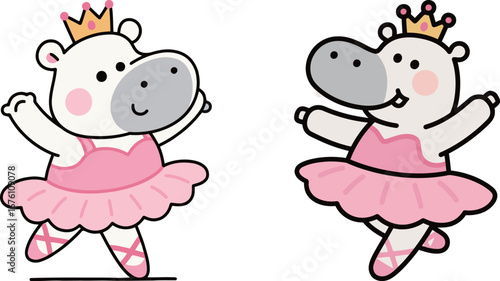 Two cute cartoon hippos wearing pink tutus and crowns, happily dancing ballet.