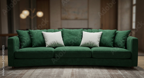 Elegant emerald green sofa with plush pillows invites relaxation and adds a touch of luxury to any living space