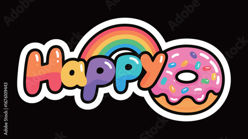 A bold and colorful graphic sticker featuring the word "Happy" with a rainbow and a pink donut with sprinkles, representing joy, dessert, and positive feelings.