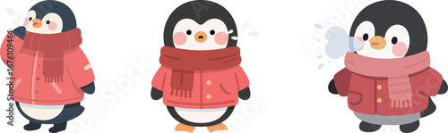 A set of three cute cartoon penguins in warm winter clothes, with expressions showing they are feeling cold, perfect for illustrating winter, chilly weather, and cold concepts.