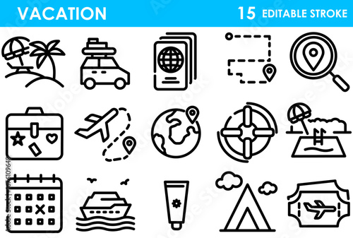 Vacation and travel outline icon set. Containing beach, car trip, passport, airplane, globe, cruise, map, calendar, tent, and more. Editable stroke vector illustration.