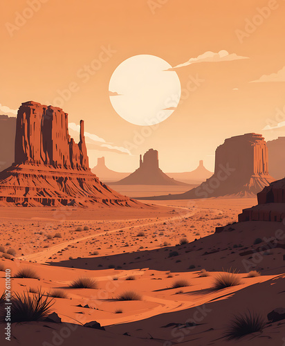 Vibrant desert landscape of Monument Valley, Arizona at sunset