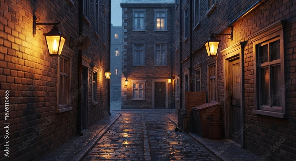 Fototapeta premium Rainy Cobblestone Alleyway at Night with Glowing Gas Lamps and Brick Buildings