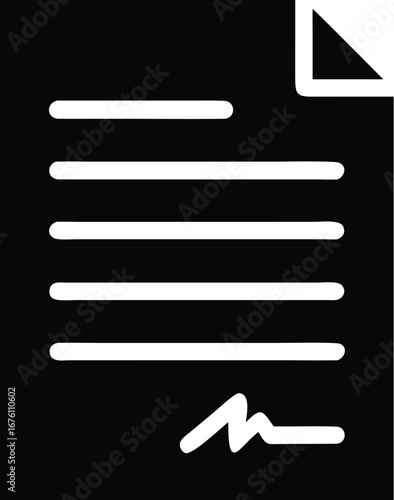 Vector art of black document icon with white lines of text and a signature, representing a contract or agreement