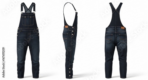 Dark Denim Overalls Front and Back Views Fashionable Style.