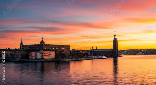 Stockholm City Hall at sunset with colorful sky reflection.