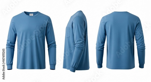Blue Long-Sleeve T-Shirt with Pocket Front Side and Back Views on White Background.