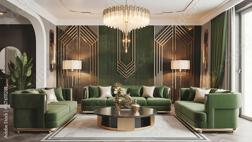 Luxurious green velvet sofas in art deco living room with gold accents and chandelier interior decor