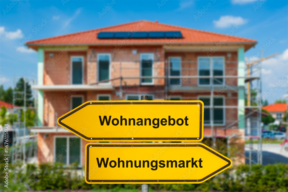 Fototapeta premium Zwei Wegweiser zeigen in unterschiedliche Richtungen und sind beschriftet mit Wohnangebot und Wohnungsmarkt als Symbolbild für Wohnungsmangel - FOTOMONTAGE