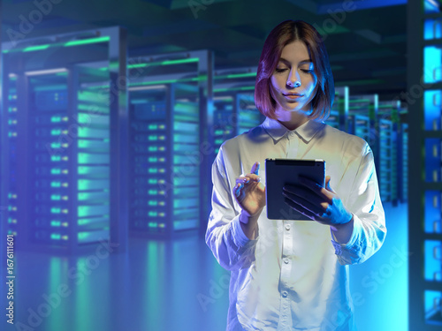 Woman with tablet in server...