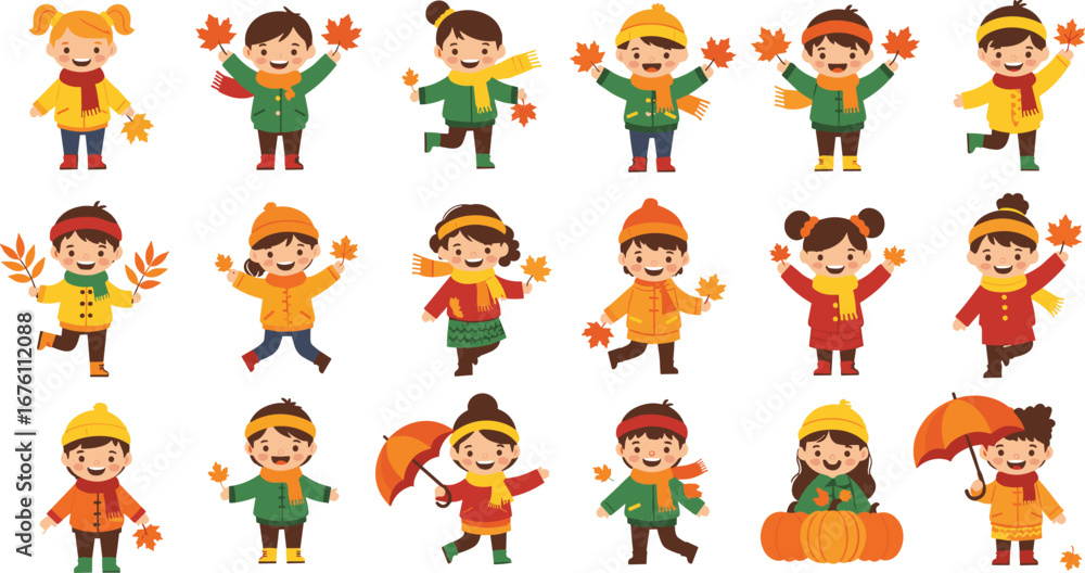 Naklejka premium Autumn Cartoon Kids Wearing Warm Clothes, Holding Leaves, Scarf, Umbrella, and Enjoying Fall Season with Pumpkin and Fun Outfits