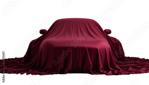 Luxurious Maroon Fabric Draped Over Crimson Red Car in Studio Scene isolated on transparent background