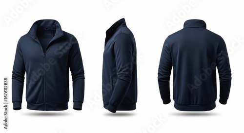Three Views of a Dark Navy Zippered Track Jacket with Stand-Up Collar.
