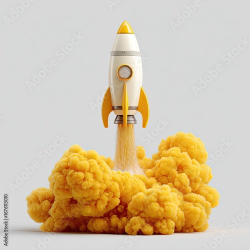 A stylized rocket launches, plumes of bright yellow smoke billowing around it