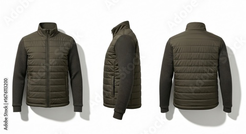 Dark Green Quilted Jacket with Knitted Sleeves Multiple Views.