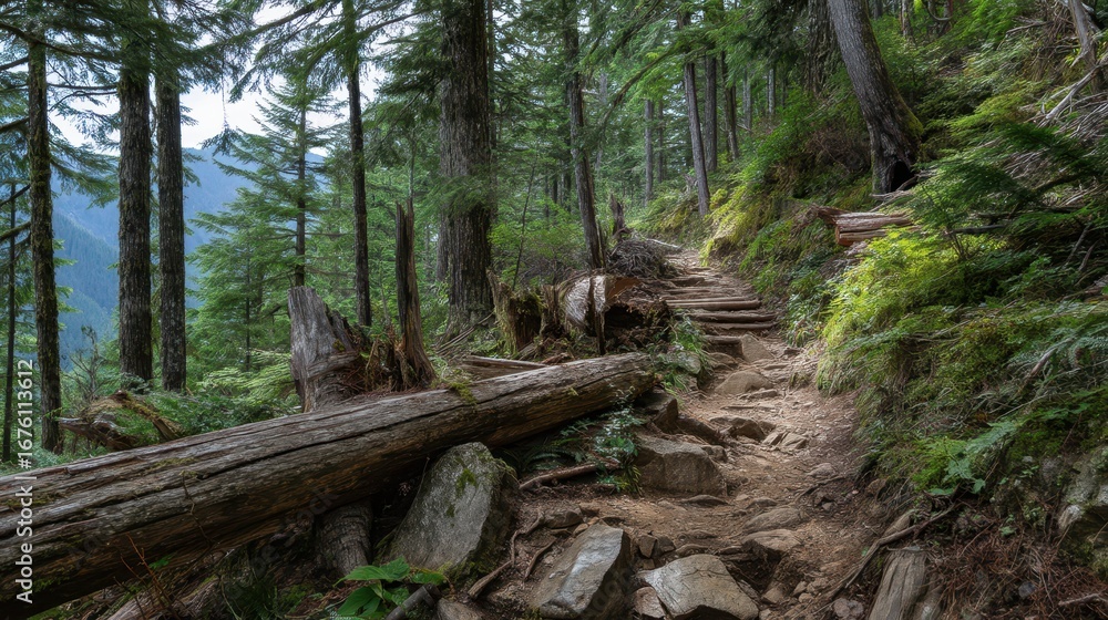 Obraz premium Rugged Hiking Trail Surrounded by Fallen Logs in Lush Forest