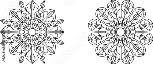 Two floral mandala designs, symmetrical abstract patterns, black and white line art for coloring, detailed decorative elements, flat vector illustration.