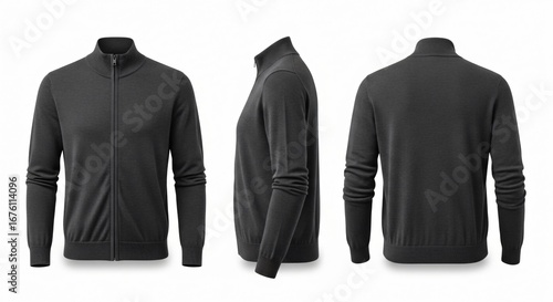 Dark Gray Zip-Up Sweater Mockup Front Side and Back Views.
