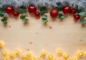 Festive holiday border with red baubles eucalyptus and twinkling fairy lights on wood