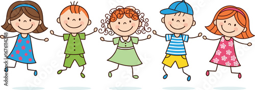 Cartoon children jumping with joy, smiling kids in colorful outfits, playful and cheerful kids having fun together.