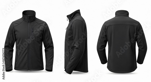 Black Softshell Jacket: Front Side and Back Views on White.