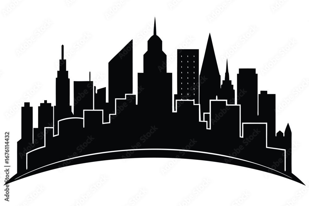 Fototapeta premium Black Silhouette of a City Skyline with Tall Buildings and Skyscrapers vector illustration