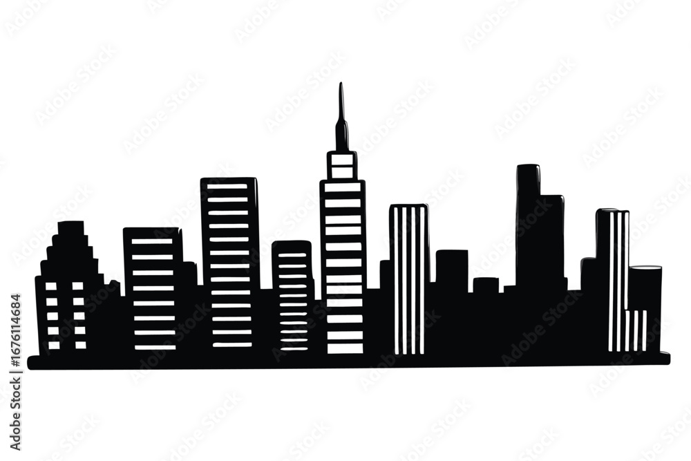 Fototapeta premium Black Silhouette of a City Skyline with Tall Buildings and Windows urban architecture