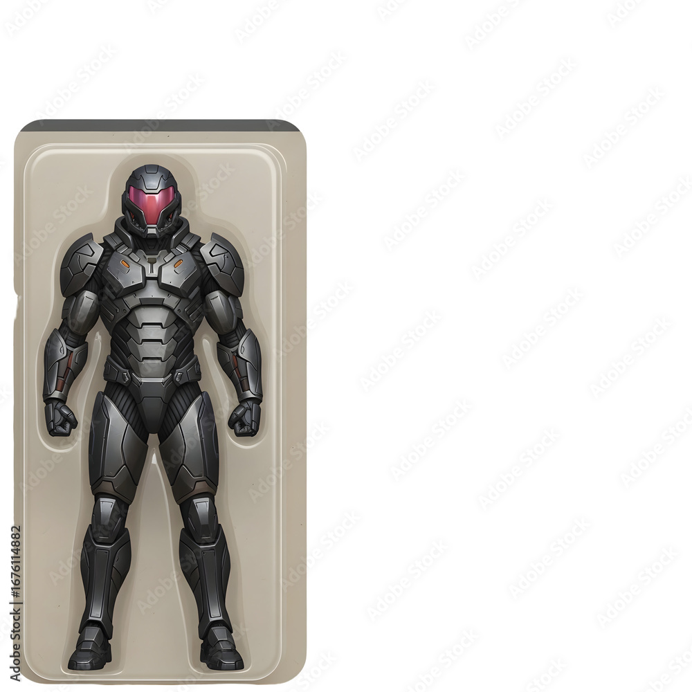 Fototapeta premium A powerful futuristic soldier encased in detailed, modern armor, presented in a clean package, embodying readiness and advanced technology for any mission.