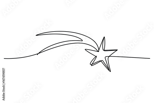 Minimalist continuous line drawing of a shooting star with a trailing tail across a white background representing hope and wishes
