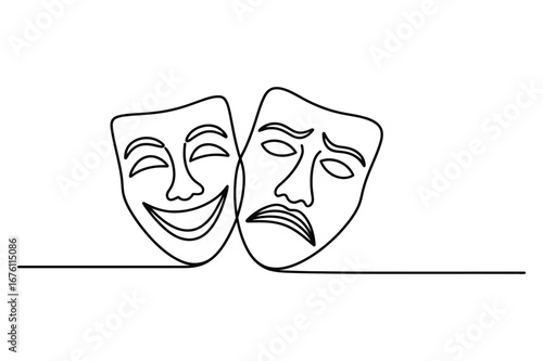 Minimalist continuous line drawing of the classic comedy and tragedy theater masks representing duality of human emotion and performance art