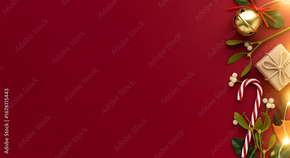 Obraz premium Festive Christmas border with candy cane, gift, holly, mistletoe, and jingle bell on red background