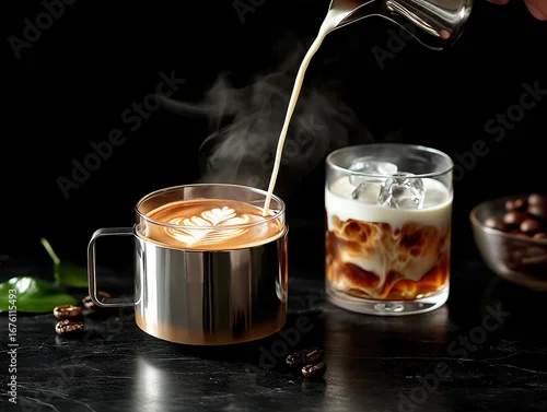 Panel kuchenny z motywem Dwie kawy na czarnym blacie. Do kubka z kawą latte wlewane jest spienione mleko, tworząc wzór liścia. Obok stoi mrożona kawa ze spienionym mlekiem i lodem.