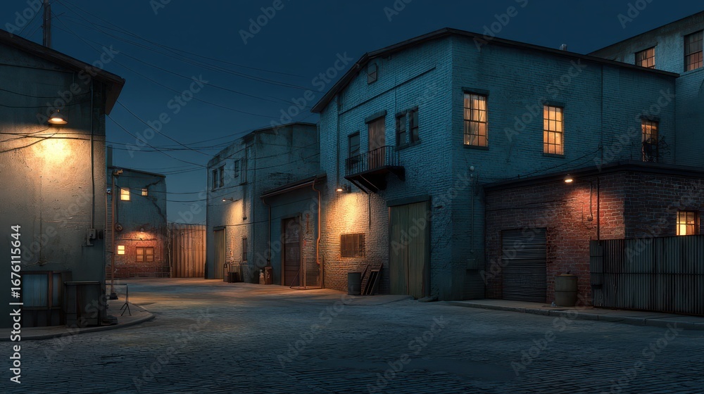 Fototapeta premium Night Scene in Small Urban Alley with Warehouse Buildings