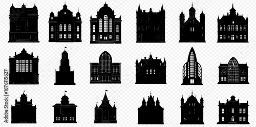 Collection of eighteen black silhouette building illustrations, showcasing diverse architectural styles.