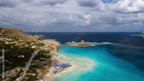 Dynamic Aerial Hyperlapse of Turquoise Waters and White Sand at La Pelosa, Italy