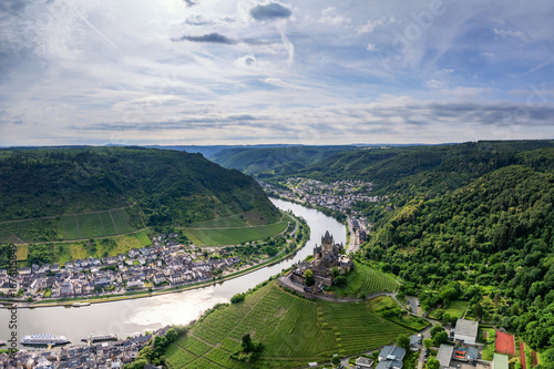 aerial landscape view of the Mosel Valley and Cochem town and castle