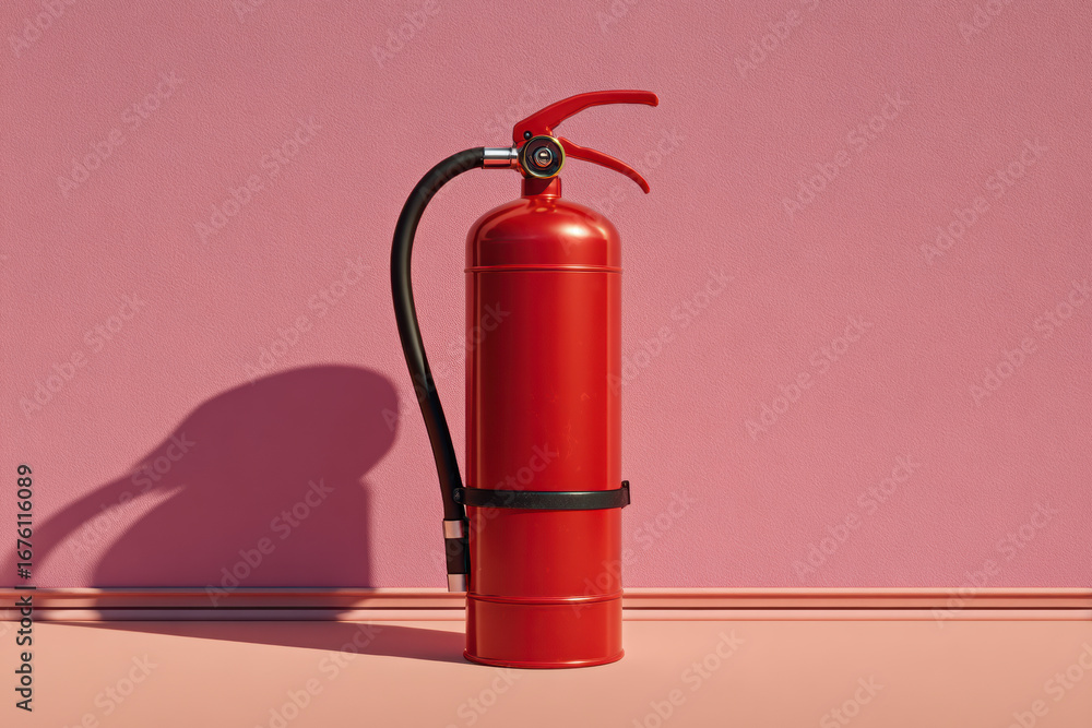Fototapeta premium Red fire extinguisher on pink backdrop - safety equipment, emergency response, home security, office safety.
