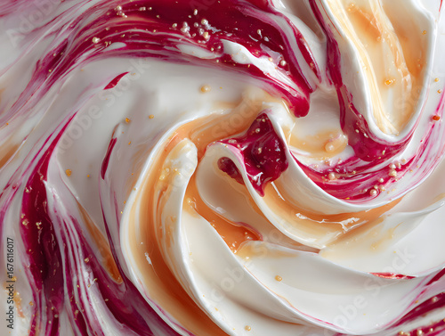 Whipped cream swirl glossy raspberry drizzle peach
