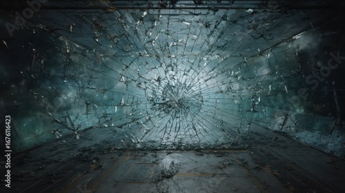 Fototapeta Naklejka Na Ścianę i Meble -  Cracked Glass Wall in a Space Station Setting with Dark Atmosphere