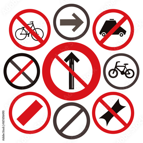 Collection of various traffic and prohibition signs on white background