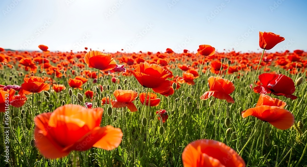 Fototapeta premium Vibrant Red Poppy Field Under a Clear Blue Sky.