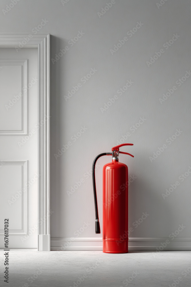 Obraz premium Red fire extinguisher standing next to a white door against a gray wall for emergency fire safety.