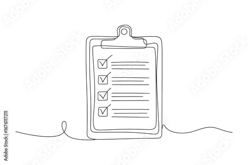 One line art vector of checklist clipboard document, editable stroke minimal continuous line drawing