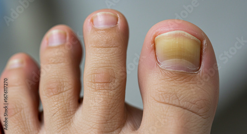 Toenail discoloration close up representing fungal infection or nail disease diagnosis and treatment options