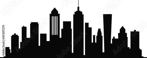 Black city skyline silhouette, urban landscape vector illustration, modern cityscape, downtown buildings, metropolitan skyline, flat vector illustration.
