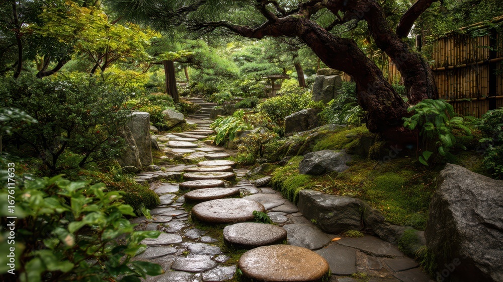 Fototapeta premium Serene Stone Pathway in a Tranquil Japanese Zen Garden
