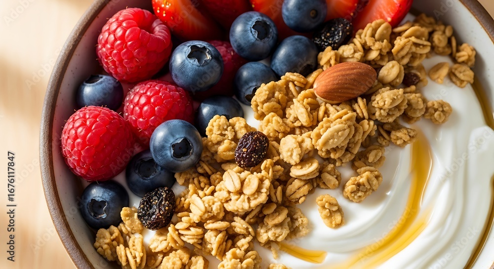 Fototapeta premium Delicious yogurt bowl with fresh berries, granola, and honey, perfect for a healthy breakfast or snack, promoting wellness
