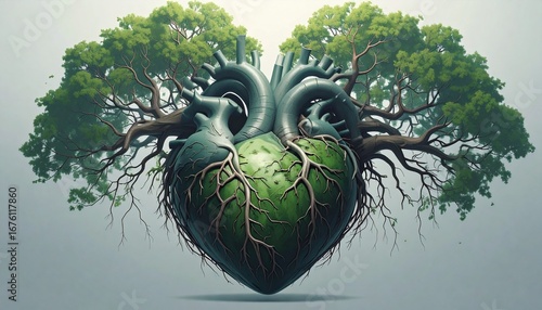 A surreal green heart with lush trees growing from its arteries, symbolizing a deep connection between life, love, and the natural world