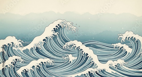 Stylized Blue Ocean Waves in Japanese Art.