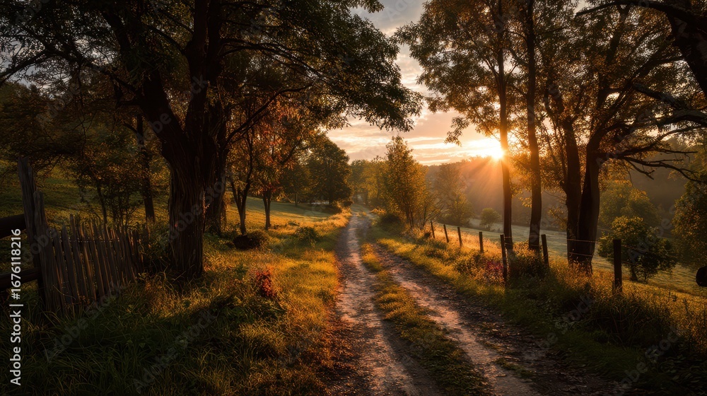 Fototapeta premium Serene Sunrise Over a Country Road Surrounded by Lush Trees